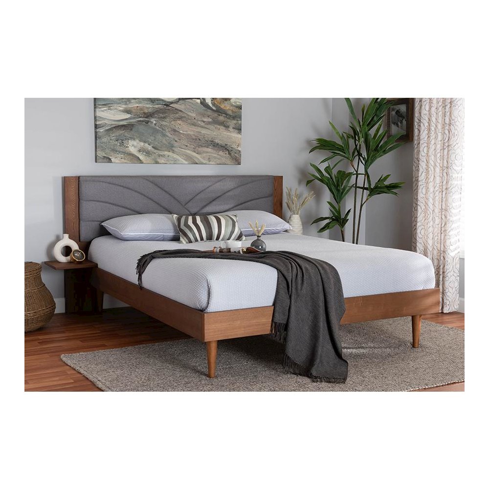 Walnut Brown Wood King Size Platform Bed With Floating Side Table. Picture 23
