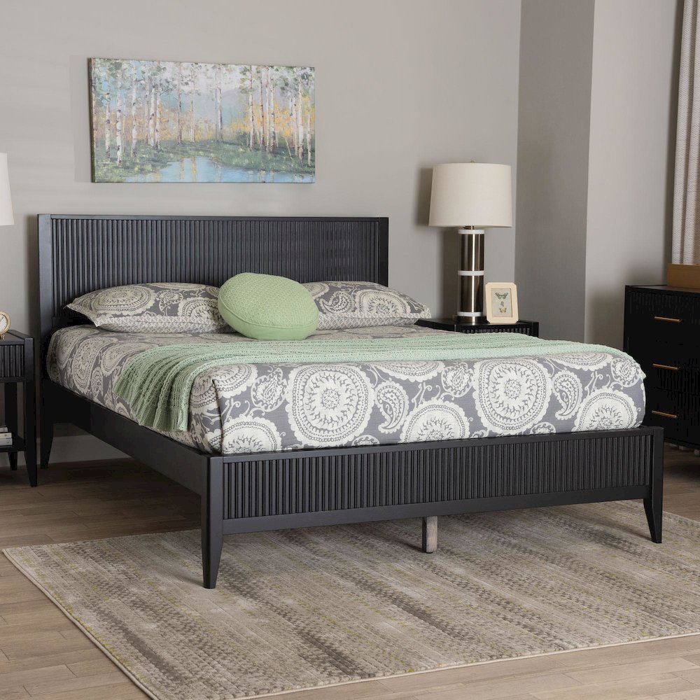 Primrose Mid-Century Black Fluted Wood King Size Platform Bed. Picture 17