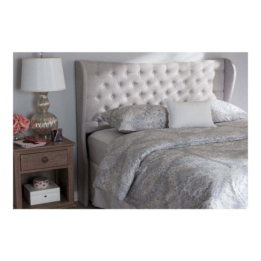 Greyish Beige Fabric Button-Tufted King Size Winged Headboard. Picture 13