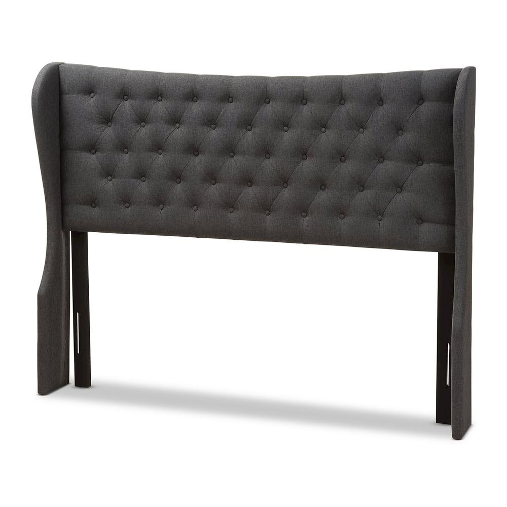 Dark Grey Fabric Button-Tufted King Size Winged Headboard. Picture 7
