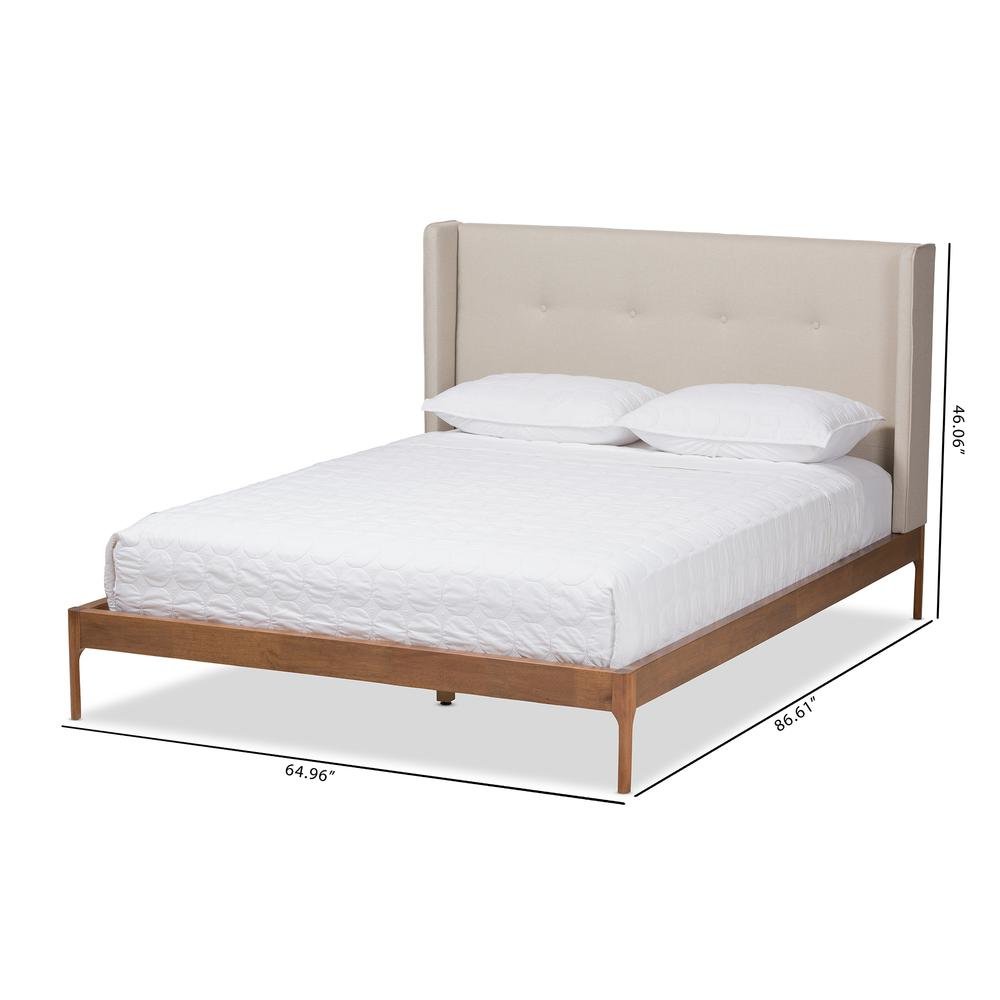 Brooklyn Mid-Century Modern Walnut Wood Beige Fabric King Size Platform Bed. Picture 20