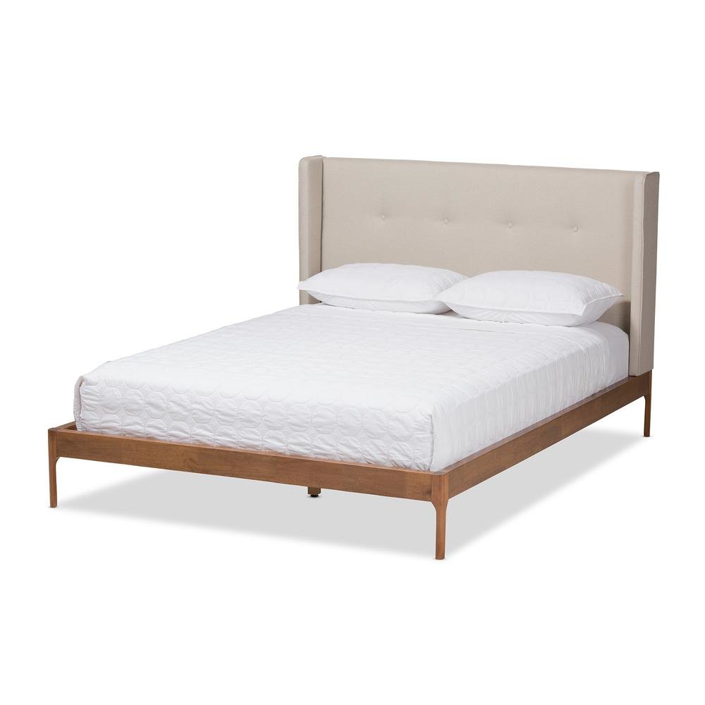 Brooklyn Mid-Century Modern Walnut Wood Beige Fabric King Size Platform Bed. Picture 11