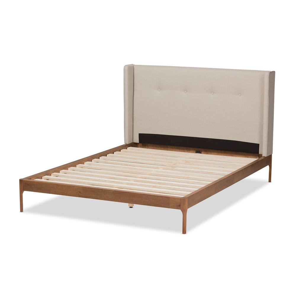 Brooklyn Mid-Century Modern Walnut Wood Beige Fabric King Size Platform Bed. Picture 13