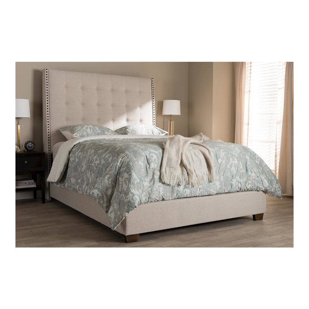 Georgette Modern and Contemporary Light Beige Fabric Upholstered King Size Bed. Picture 19