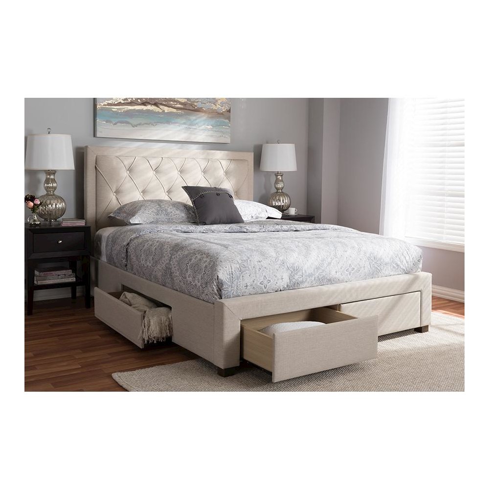 Light Beige Fabric Upholstered King Size Storage Bed. Picture 29