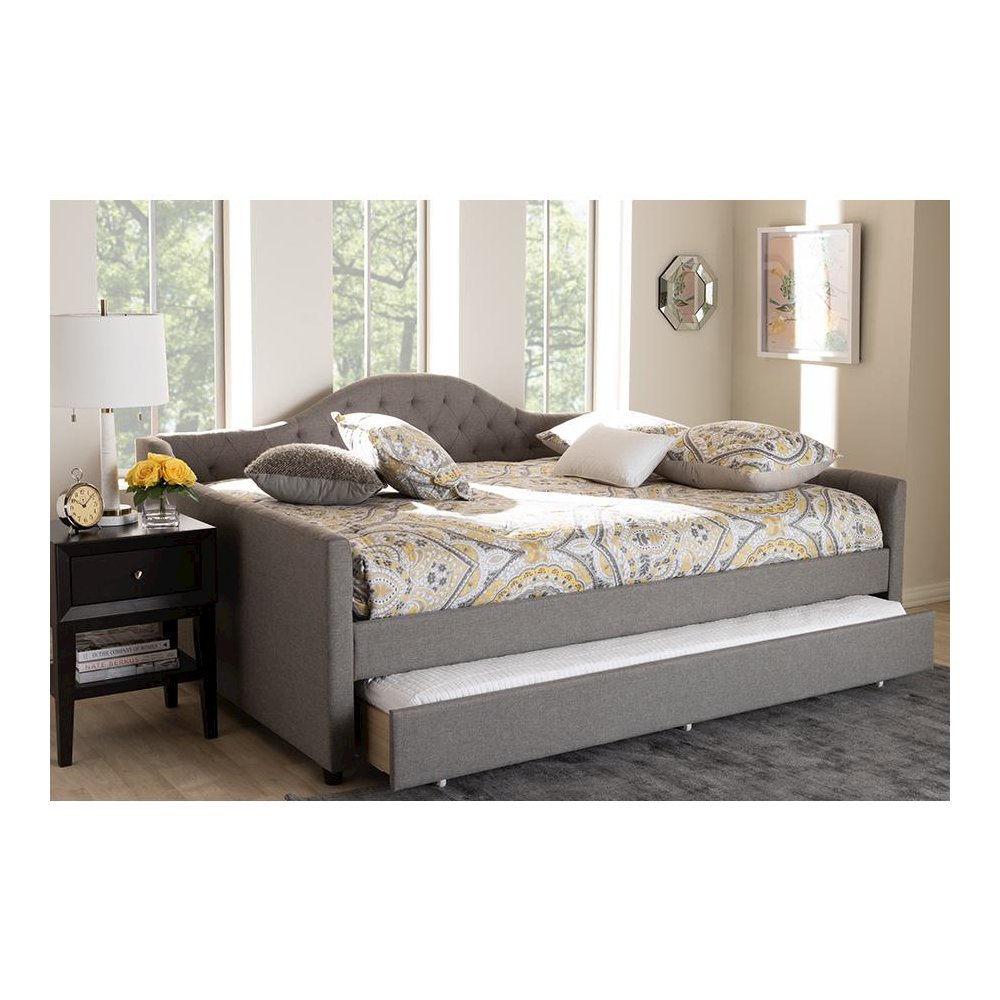 Grey Fabric Upholstered Queen Size Daybed with Trundle. Picture 23