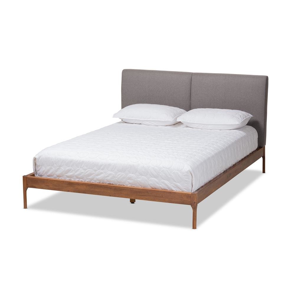 Grey Fabric Upholstered Walnut Finished King Size Platform Bed. Picture 11