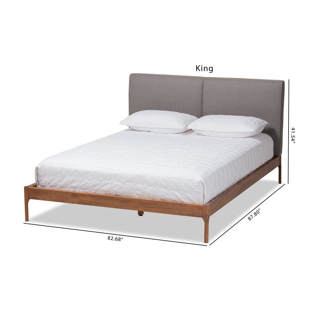 Grey Fabric Upholstered Walnut Finished King Size Platform Bed. Picture 20