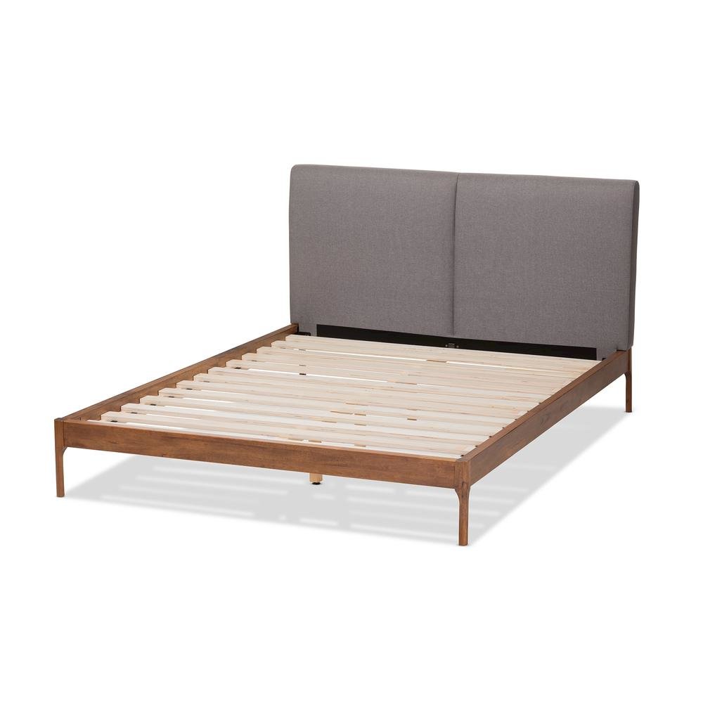 Grey Fabric Upholstered Walnut Finished King Size Platform Bed. Picture 13