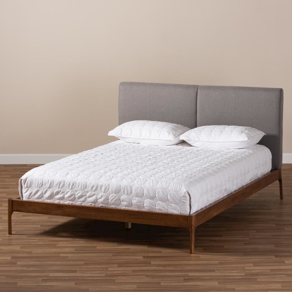 Grey Fabric Upholstered Walnut Finished King Size Platform Bed. Picture 17