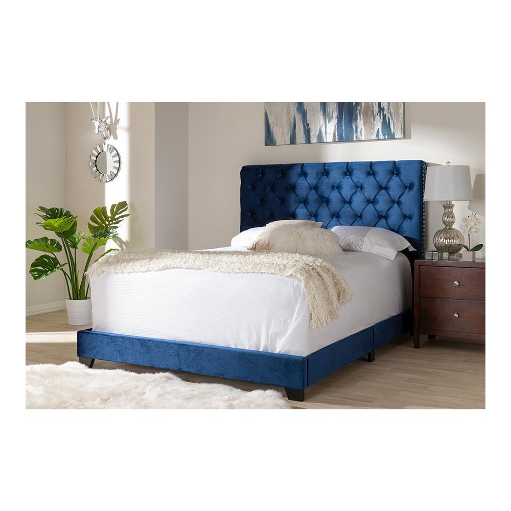Baxton Studio Candace Luxe and Glamour Navy Velvet Upholstered Queen Size Bed. Picture 21