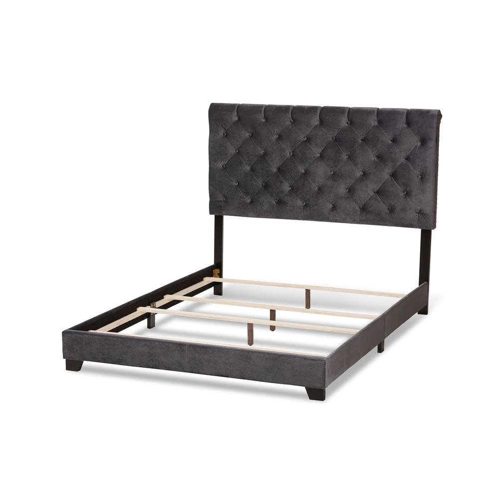 Candace Luxe and Glamour Dark Grey Velvet Upholstered King Size Bed. Picture 13