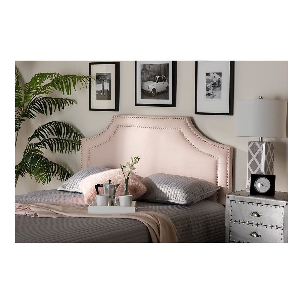 Light Pink Velvet Fabric Upholstered Queen Size Headboard. Picture 17
