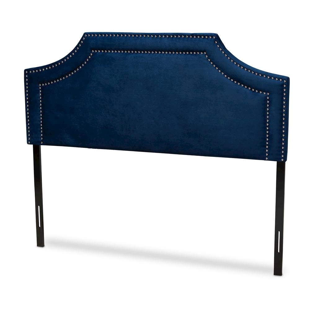 Navy Blue Velvet Fabric Upholstered King Size Headboard. Picture 9