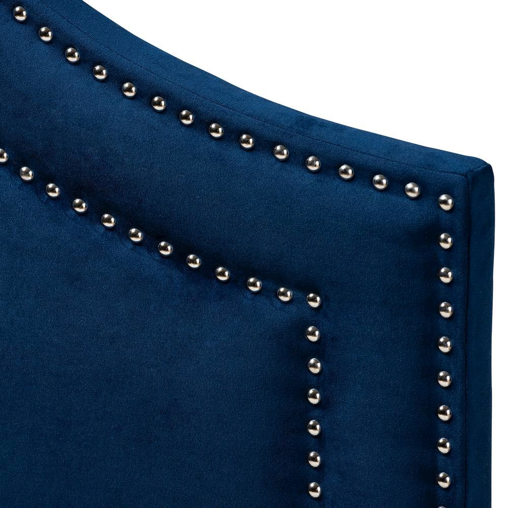 Navy Blue Velvet Fabric Upholstered King Size Headboard. Picture 11