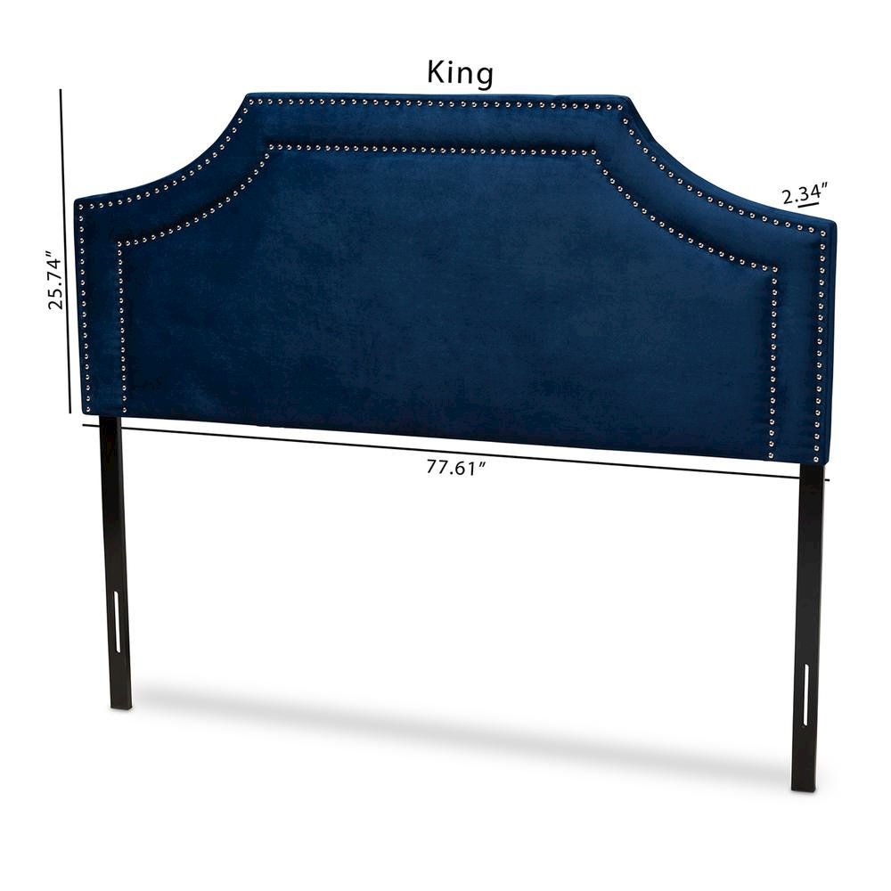 Navy Blue Velvet Fabric Upholstered King Size Headboard. Picture 16