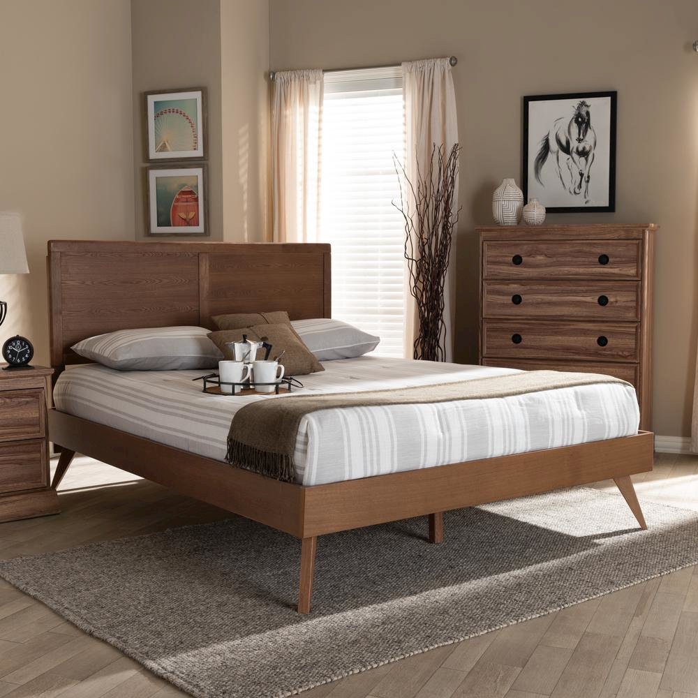 Zenon Mid-Century Modern Walnut Brown Finished Wood Queen Size Platform Bed. Picture 11