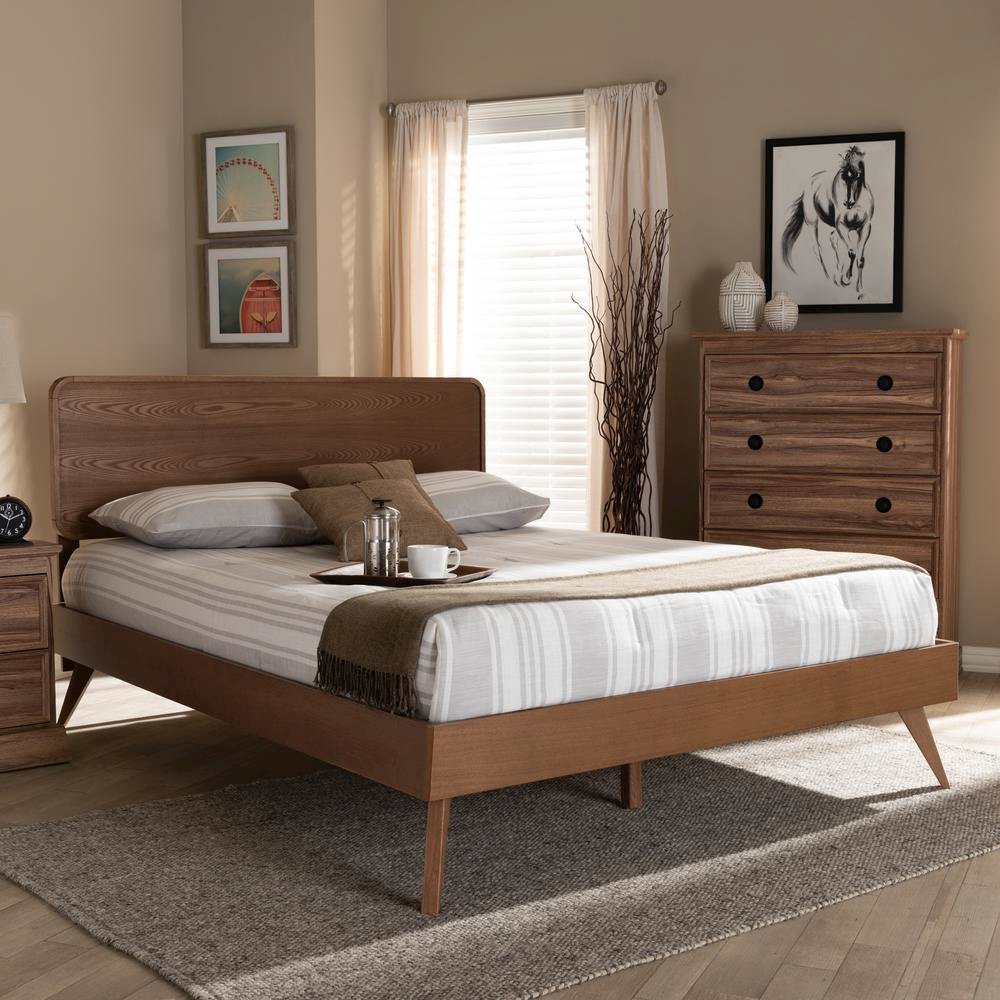 Demeter Mid-Century Modern Walnut Brown Finished Wood Queen Size Platform Bed. Picture 11