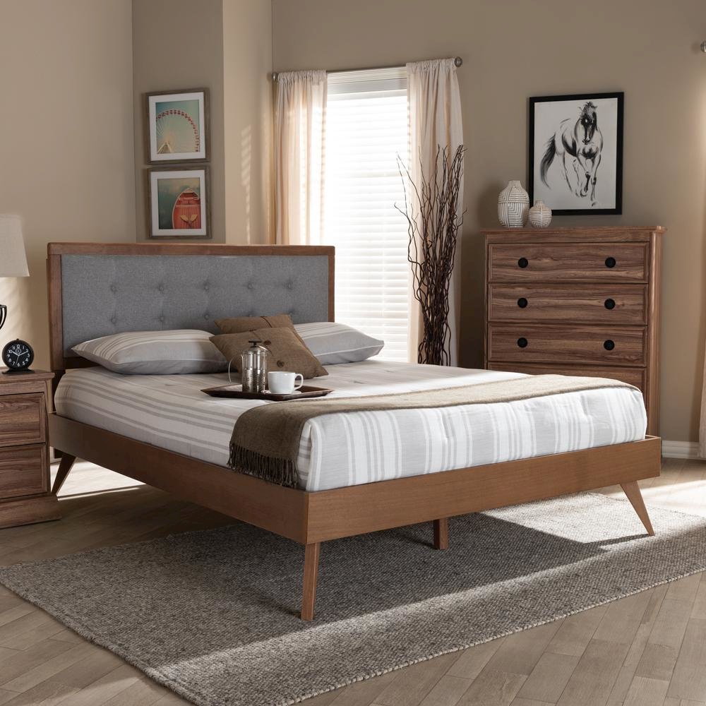 Light Grey Fabric Upholstered Walnut Brown Finished Wood Queen Size Platform Bed. Picture 11