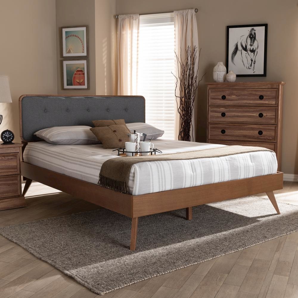 Dark Grey Fabric Upholstered Walnut Brown Finished Wood Queen Size Platform Bed. Picture 11