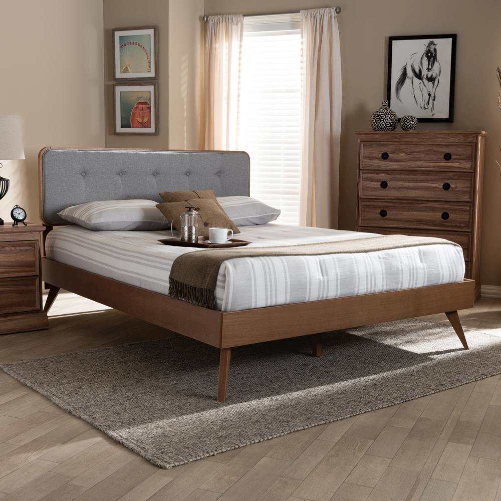 Light Grey Fabric Upholstered Walnut Brown Finished Wood Queen Size Platform Bed. Picture 11