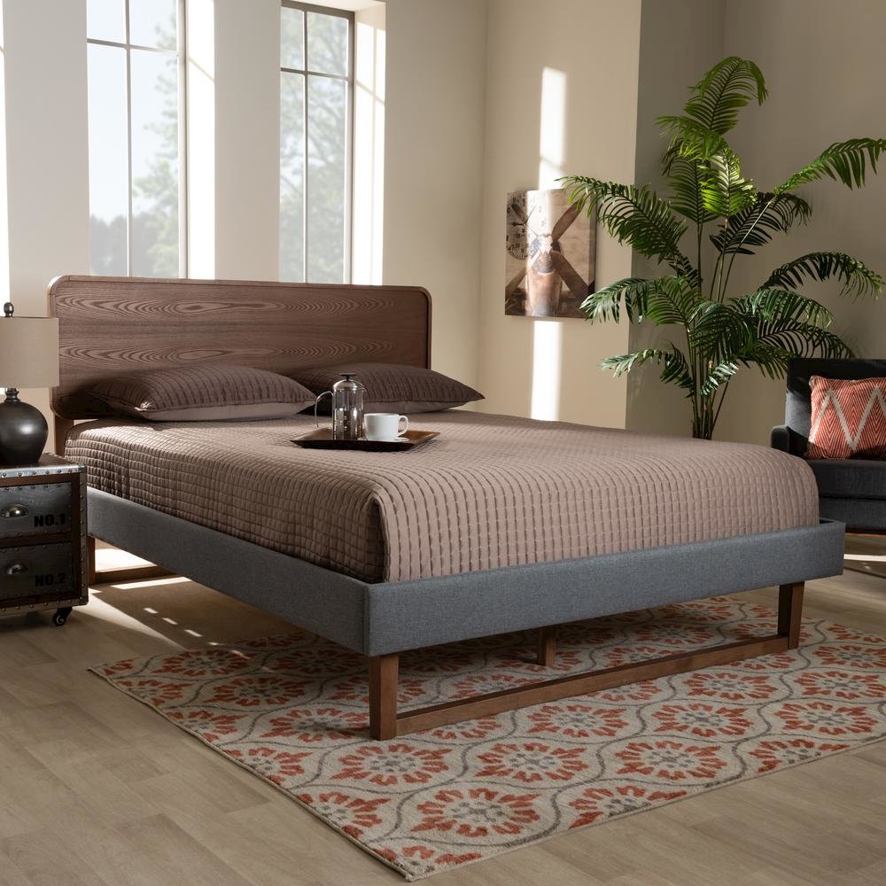 Dark Grey Fabric Upholstered Walnut Brown Finished Wood Queen Size Platform Bed. Picture 11