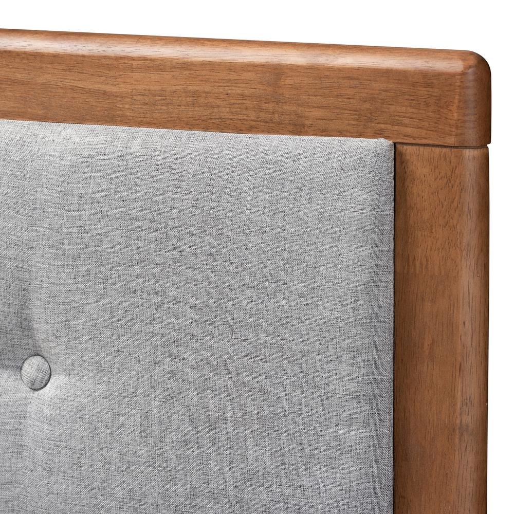 Light Grey Fabric Upholstered Walnut Brown Finished Wood King Size Headboard. Picture 11