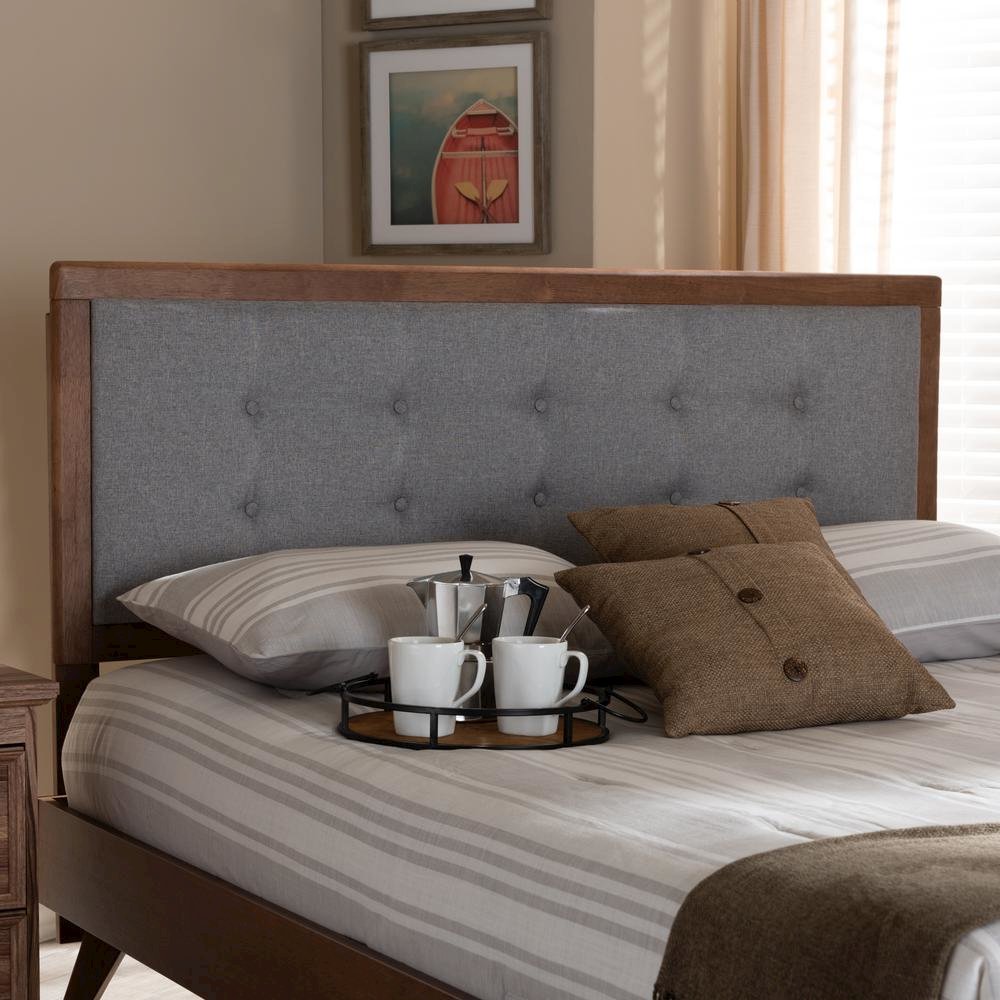 Light Grey Fabric Upholstered Walnut Brown Finished Wood Queen Size Headboard. Picture 9