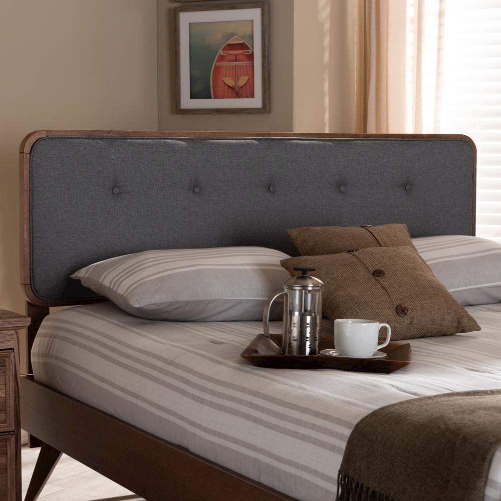 Dark Grey Fabric Upholstered Walnut Brown Finished Wood Queen Size Headboard. Picture 9