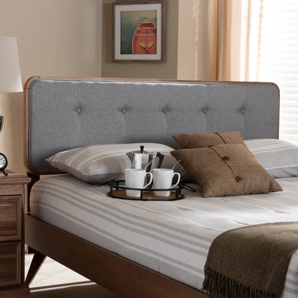 Light Grey Fabric Upholstered Walnut Brown Finished Wood Queen Size Headboard. Picture 9