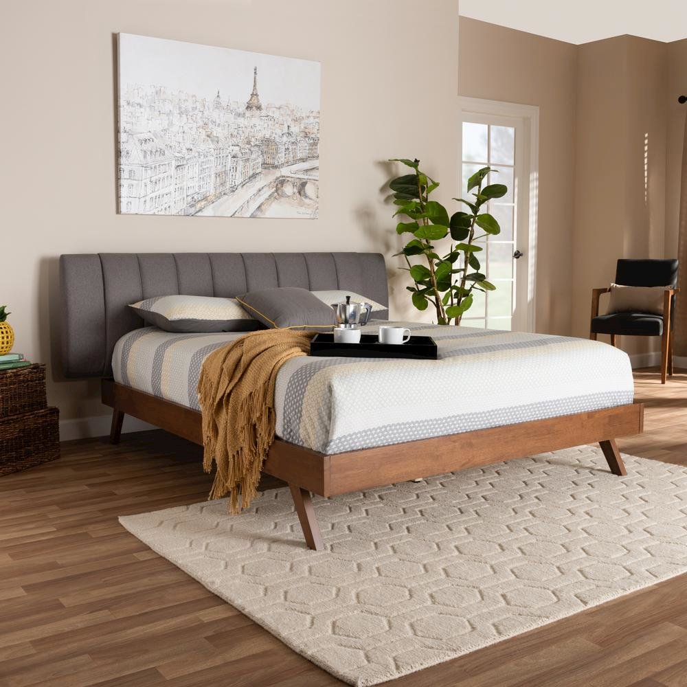 Grey Fabric Upholstered Walnut Finished Wood King Size Bed. Picture 10