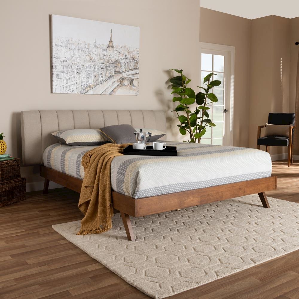 Light Beige Fabric Upholstered Walnut Finished Wood King Size Bed. Picture 10