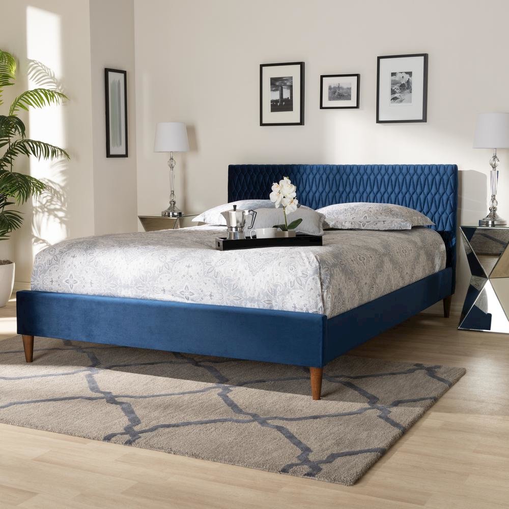 Frida Glam and Luxe Royal Blue Velvet Fabric Upholstered Queen Size Bed. Picture 10