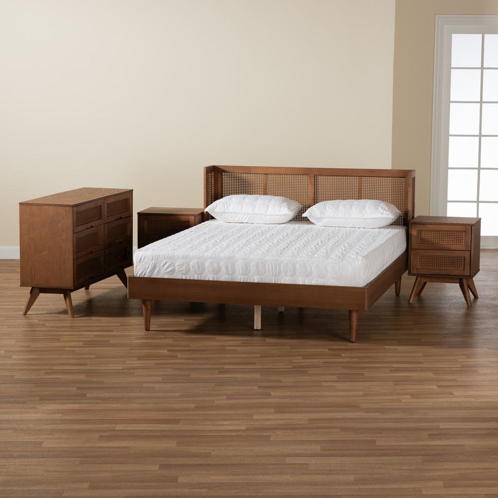 Ash Walnut Finished Wood 4-Piece King Size Bedroom Set with Synthetic Rattan. Picture 27