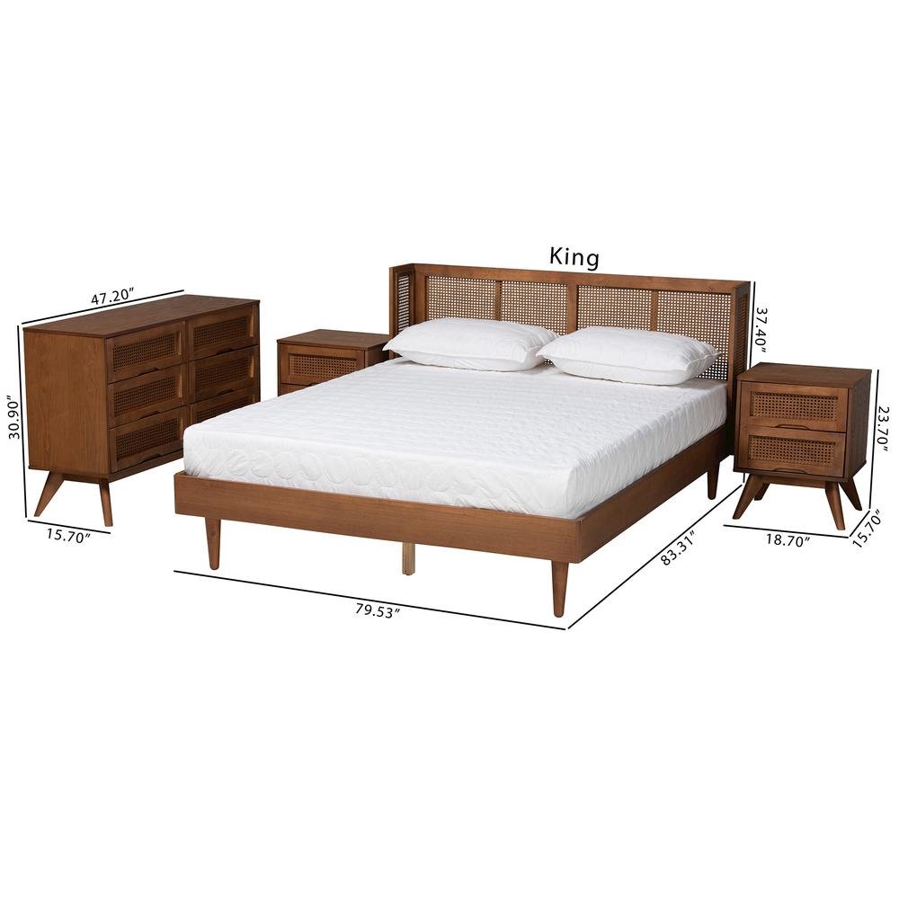 Ash Walnut Finished Wood 4-Piece King Size Bedroom Set with Synthetic Rattan. Picture 30