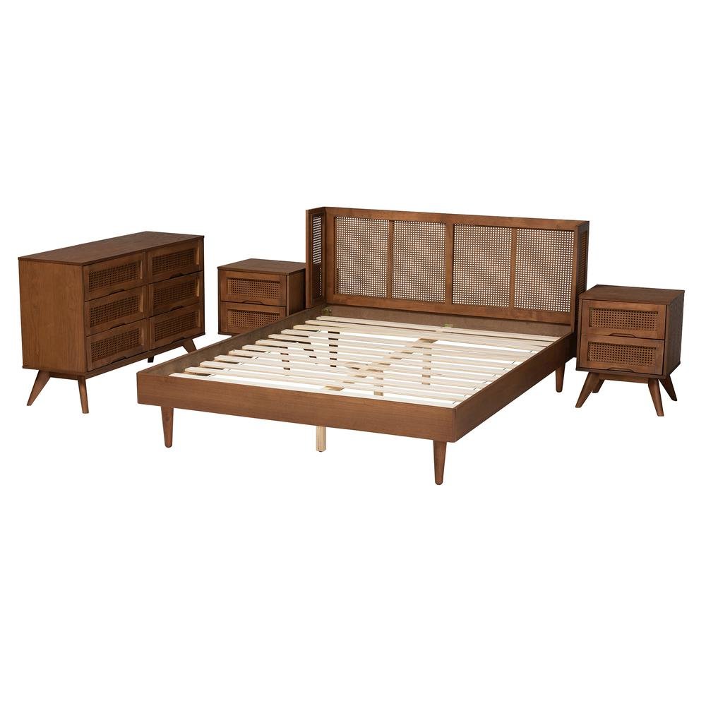Ash Walnut Finished Wood 4-Piece King Size Bedroom Set with Synthetic Rattan. Picture 17