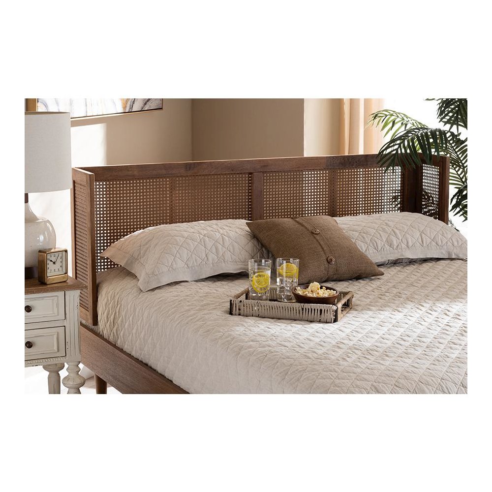 Ash Wanut Finished Wood and Synthetic Rattan Queen Size Wrap-Around Headboard. Picture 17