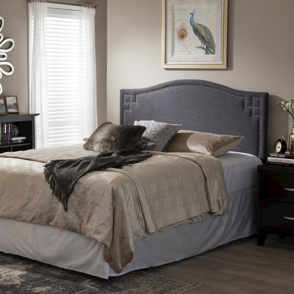 Aubrey Modern and Contemporary Dark Grey Fabric Upholstered Queen Size Headboard. Picture 5