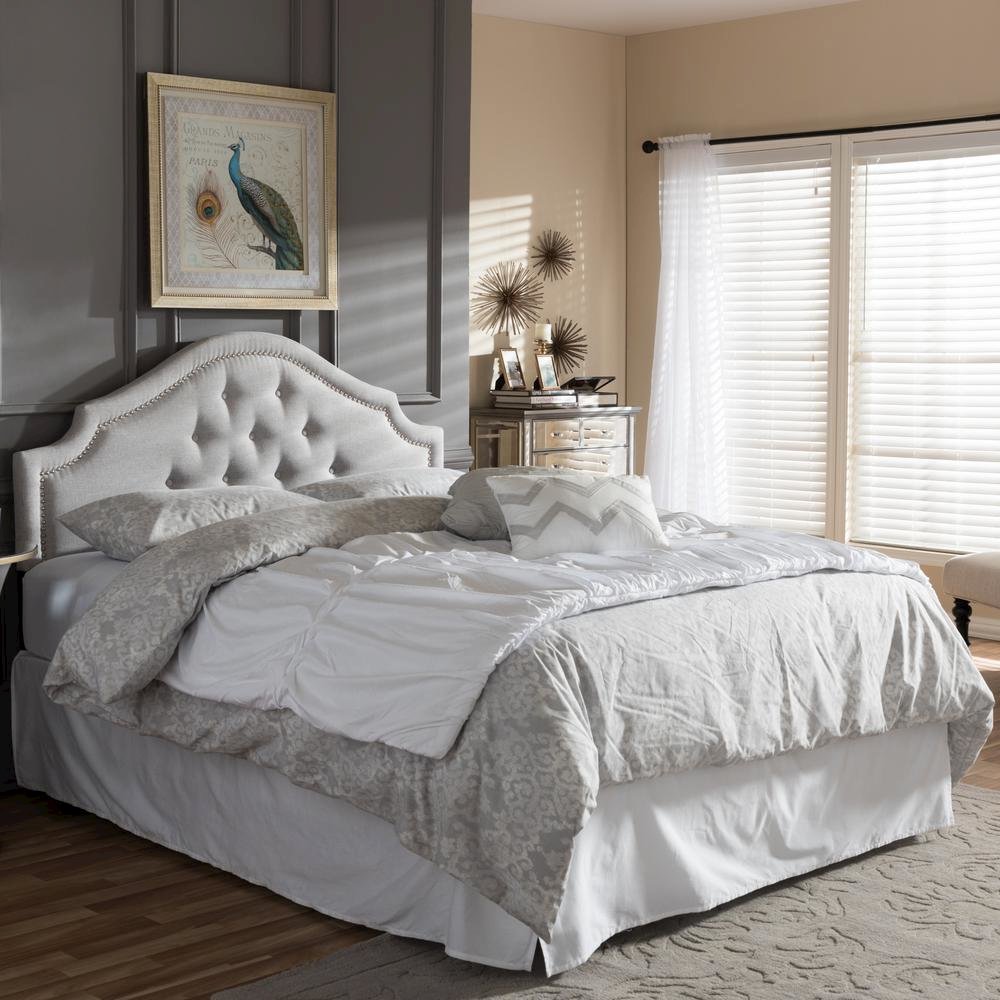 Grayish Beige Fabric Upholstered Queen Size Headboard. Picture 5