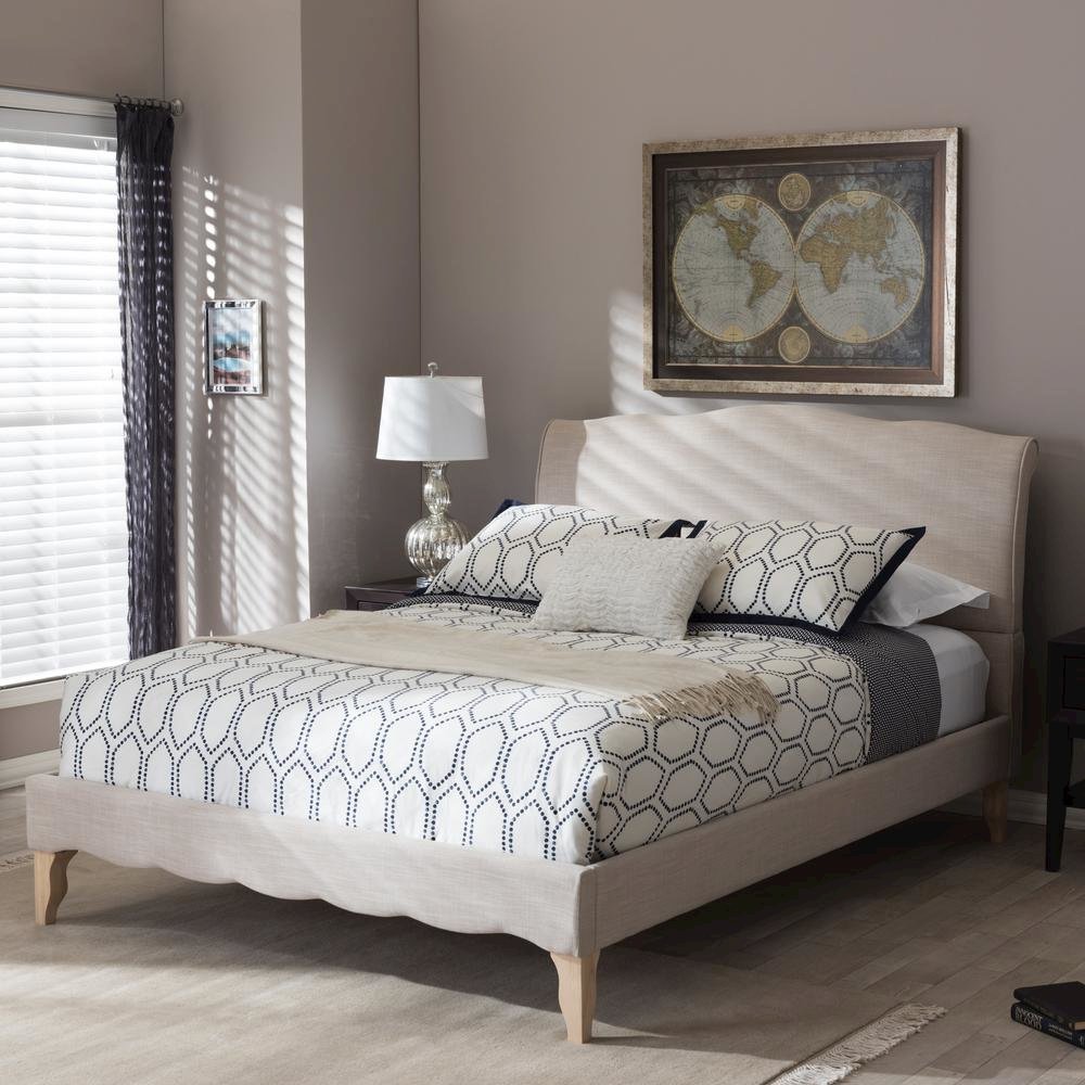 Fannie French Classic Modern Style Beige Linen Fabric Full Size Platform Bed. Picture 6