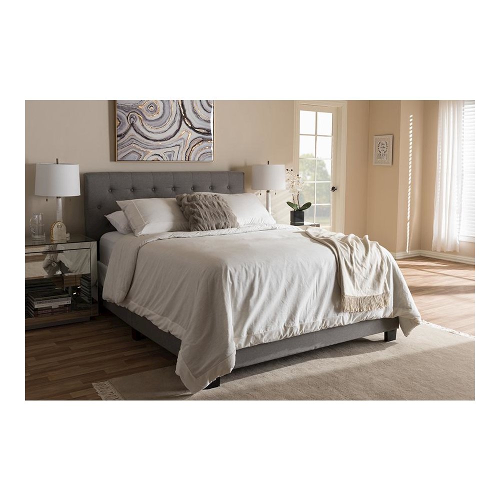 Cassandra Modern and Contemporary Light Grey Fabric Upholstered Queen Size Bed. Picture 17