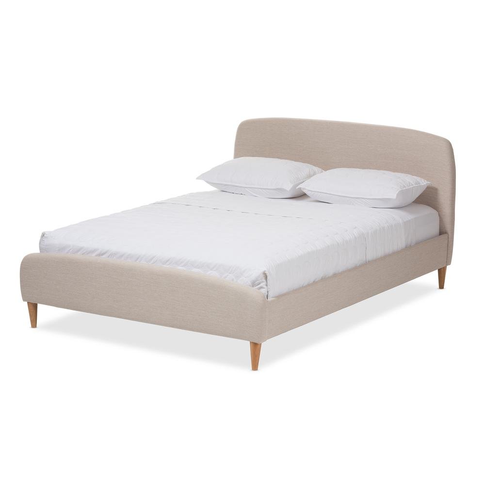 Mia Mid-Century Light Beige Fabric Upholstered King Size Platform Bed. Picture 9