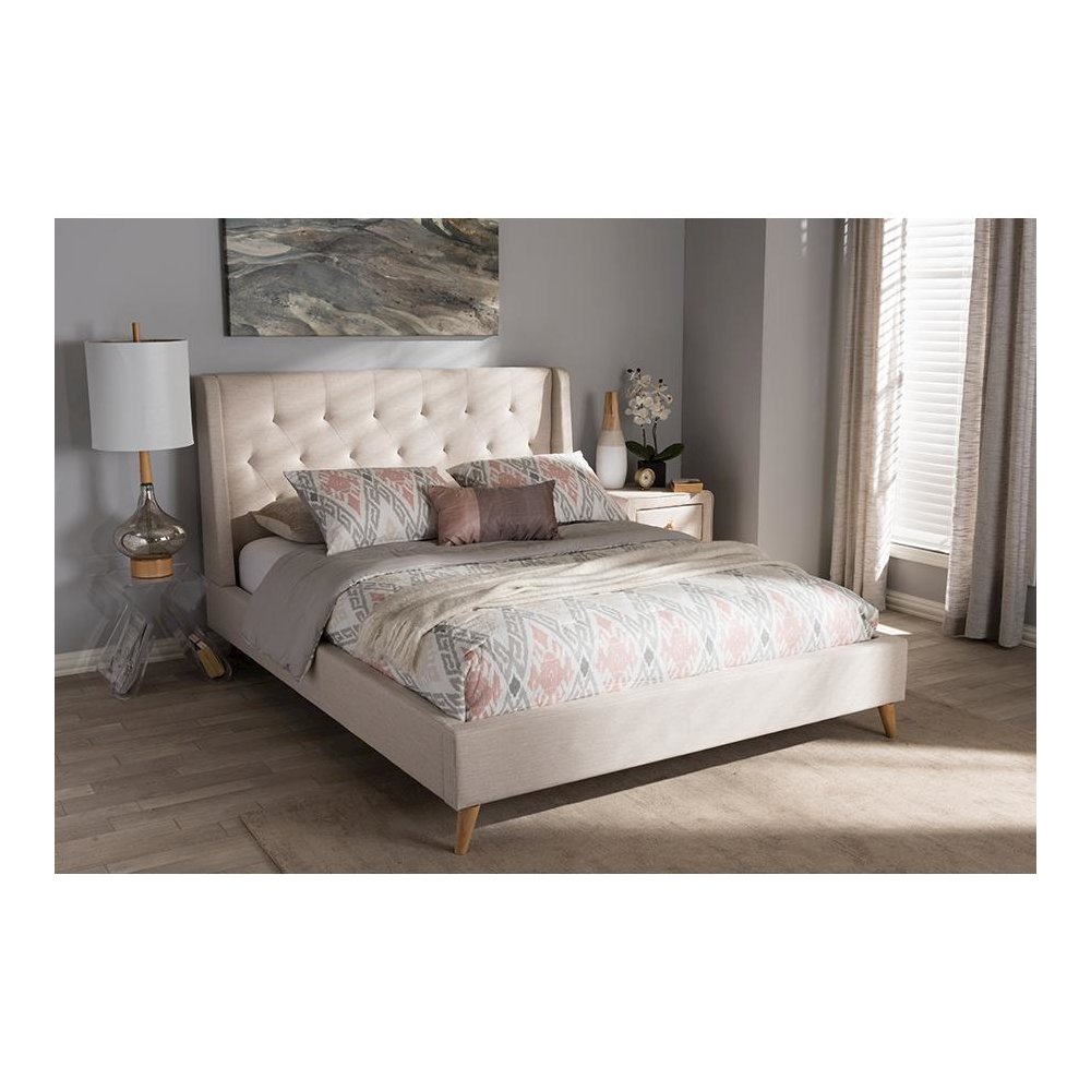 Adelaide Retro Modern Light Beige Fabric Upholstered Queen Size Platform Bed. Picture 17