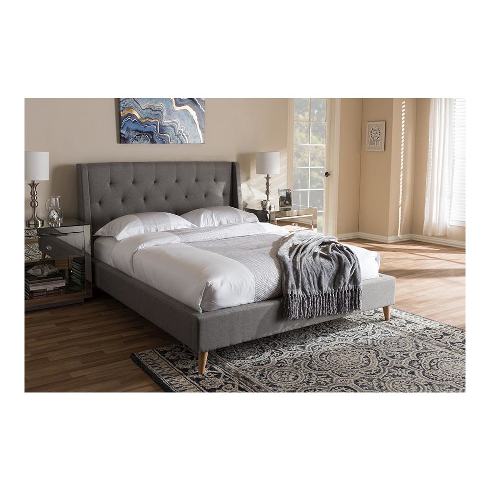 Adelaide Retro Modern Light Grey Fabric Upholstered King Size Platform Bed. Picture 17