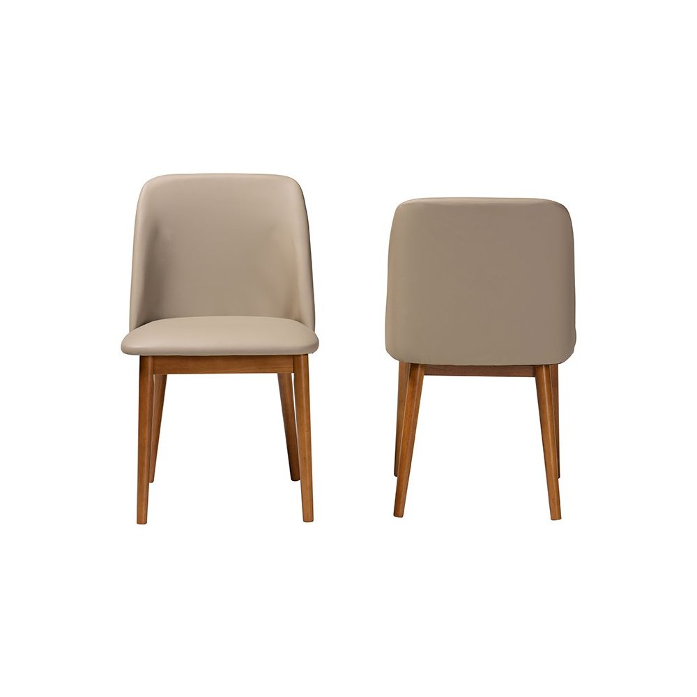 Mid-Century "Walnut" Light Brown/Beige Faux Leather Dining Chair (Set of 2). Picture 2