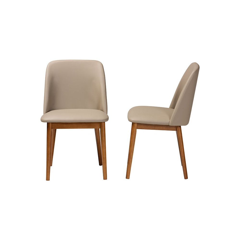 Mid-Century "Walnut" Light Brown/Beige Faux Leather Dining Chair (Set of 2). Picture 3