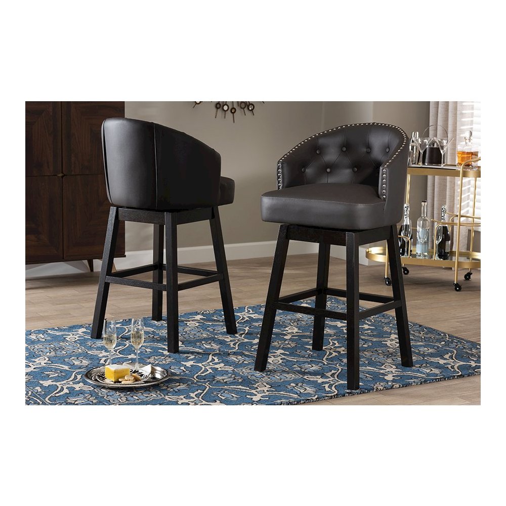 Leather Tufted Swivel Barstool with Nail heads Trim (Set of 2). Picture 7