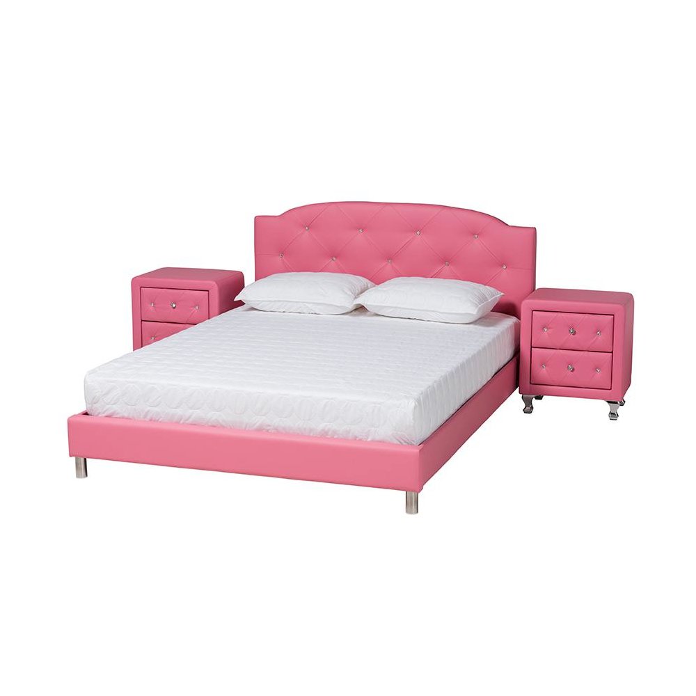 Glam Pink Faux Leather Upholstered Full Size 3-Piece Bedroom Set. Picture 1