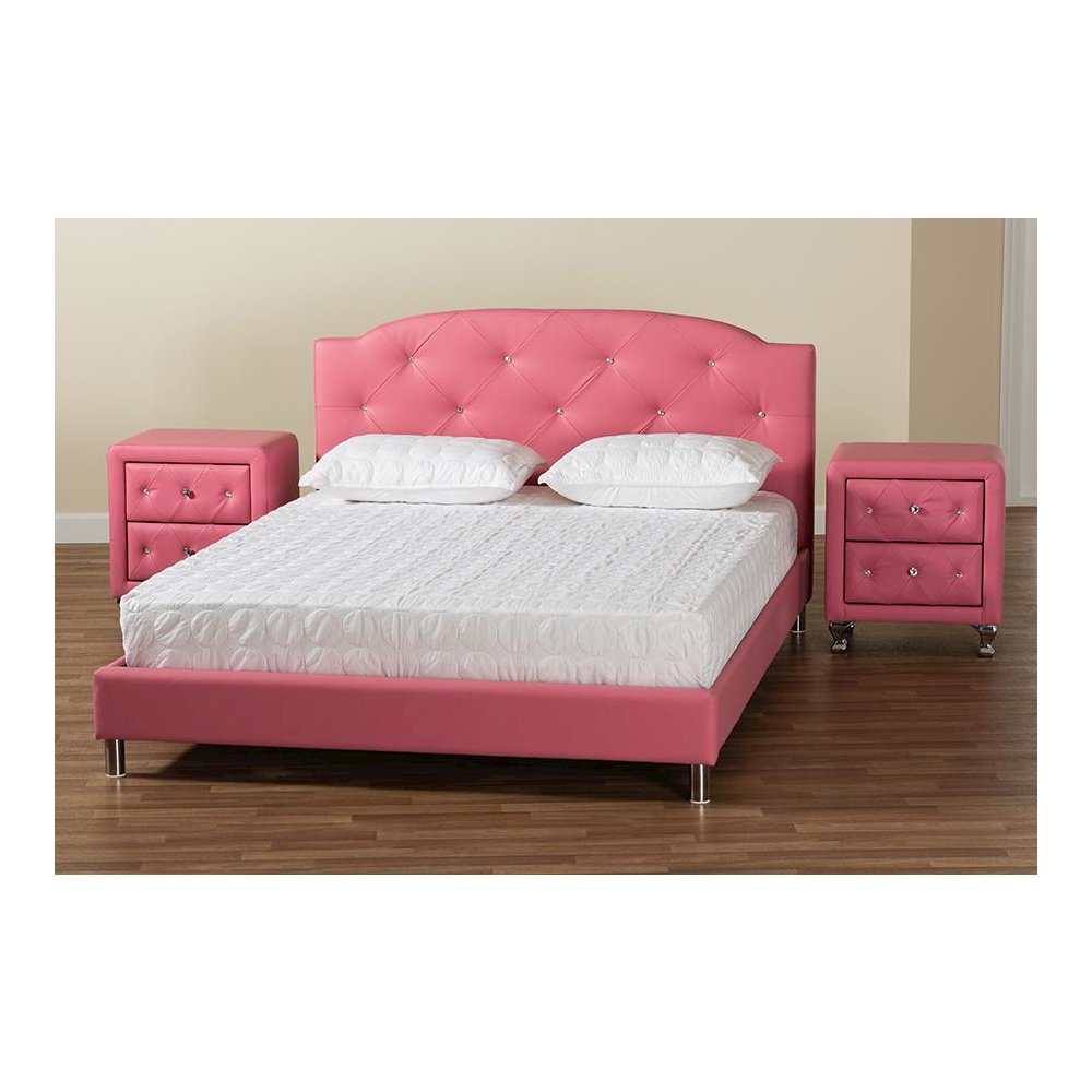 Glam Pink Faux Leather Upholstered Full Size 3-Piece Bedroom Set. Picture 11