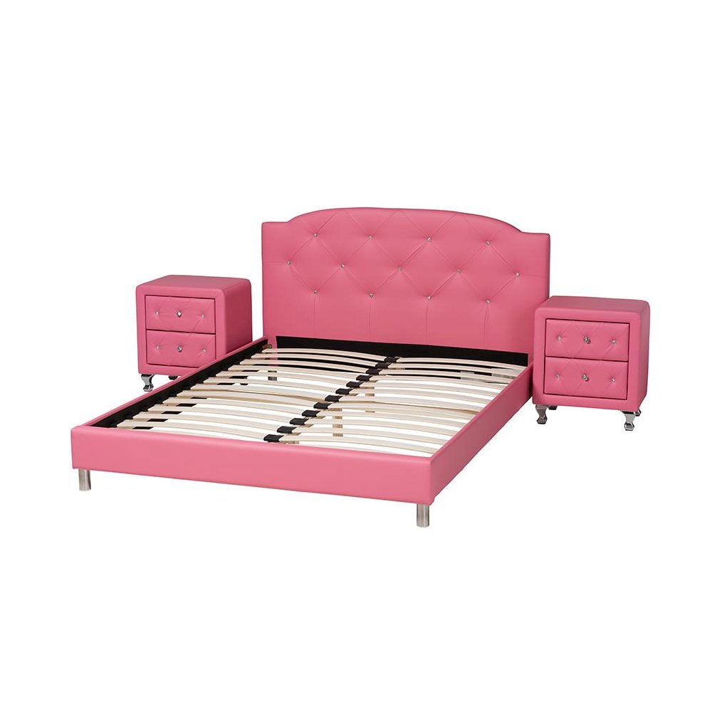 Glam Pink Faux Leather Upholstered Full Size 3-Piece Bedroom Set. Picture 2